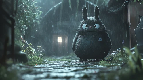 Rainy garden visitor with bright eyes and quiet wonder.