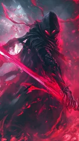 Hooded spectral warrior channels crimson energy through blade
