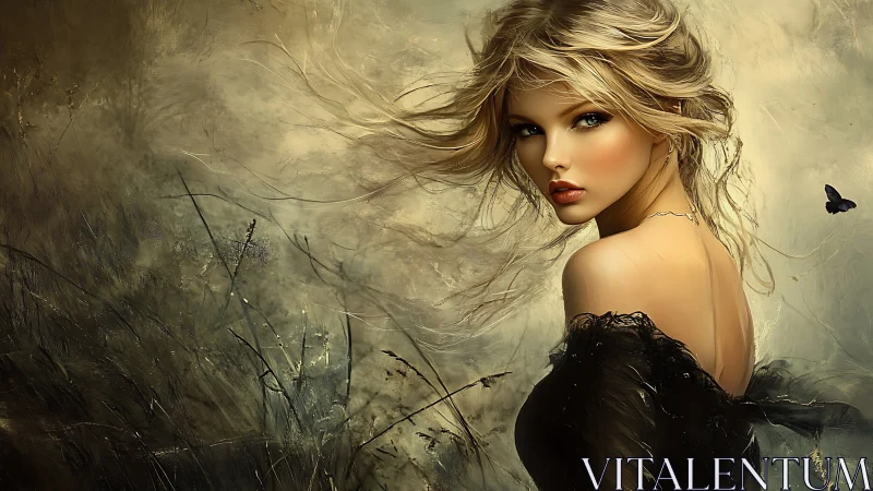 Wind-swept woman gazes back amid golden, dreamlike field.