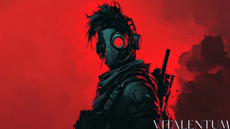 Mysterious masked wanderer against a bold red horizon.