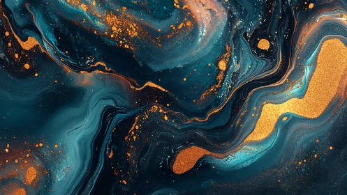 Abstract teal and gold fluid pattern with layered marbling.