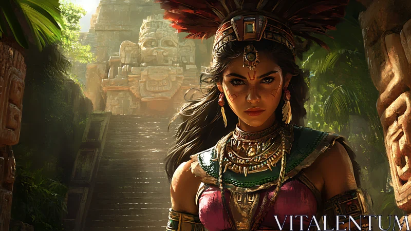 Digital rendering depicts woman before stepped jungle temple