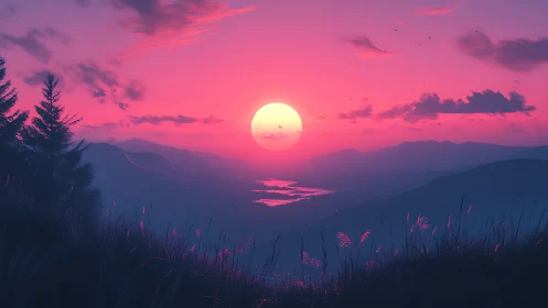 Neon dusk sun melts over dreamlike violet mountain rivers.
