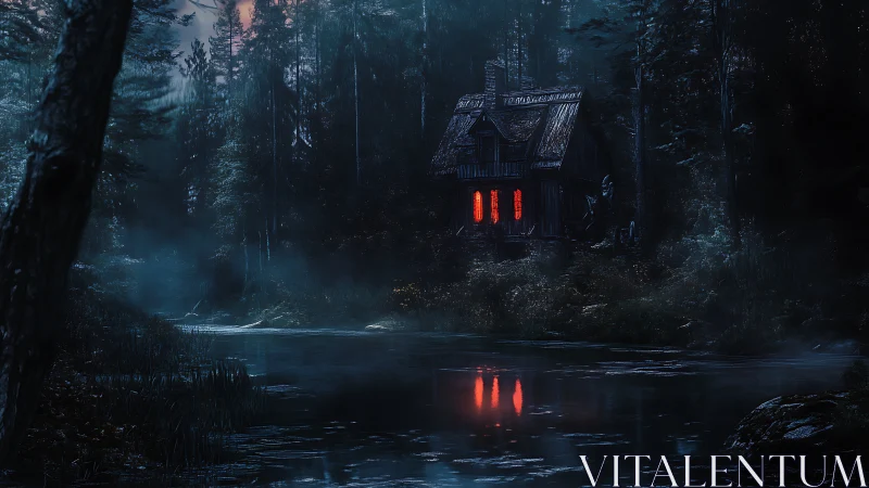 Haunted forest cabin with glowing red windows by misty lake.
