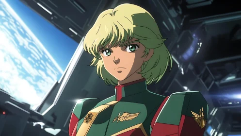 Blond anime officer stands in futuristic space station.