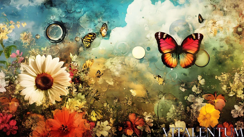 Butterflies drifting through a dreamy painted flower sky.