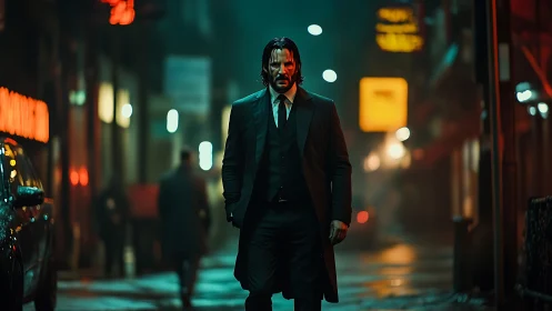 Brooding suited man strides through neon city street at night.