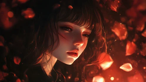 Soft ember-lit portrait wrapped in drifting petals.