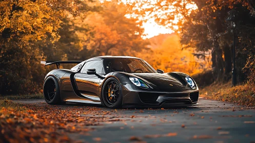 Black supercar cuts through golden autumn forest road.