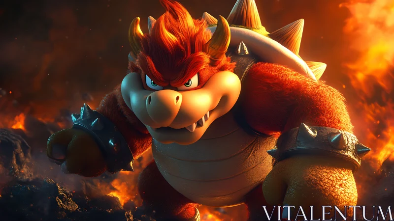 Fiery turtle monster charges through molten volcanic battlefield.