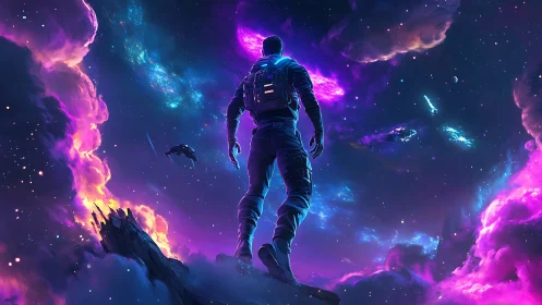 Lone space explorer gazes into neon cosmic storm horizon.