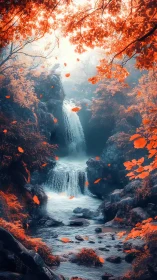 High-contrast autumn waterfall with cyan mist and drifting leaves