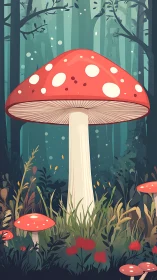 Gentle red toadstool rises quietly in a dreamy forest glade