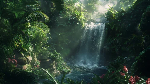 Dense tropical waterfall within humid forest basin.