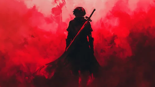 Lone cloaked swordsman in red misty battlefield scene.
