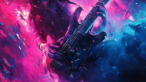 Electric bass guitar rendered with neon magenta and cyan light