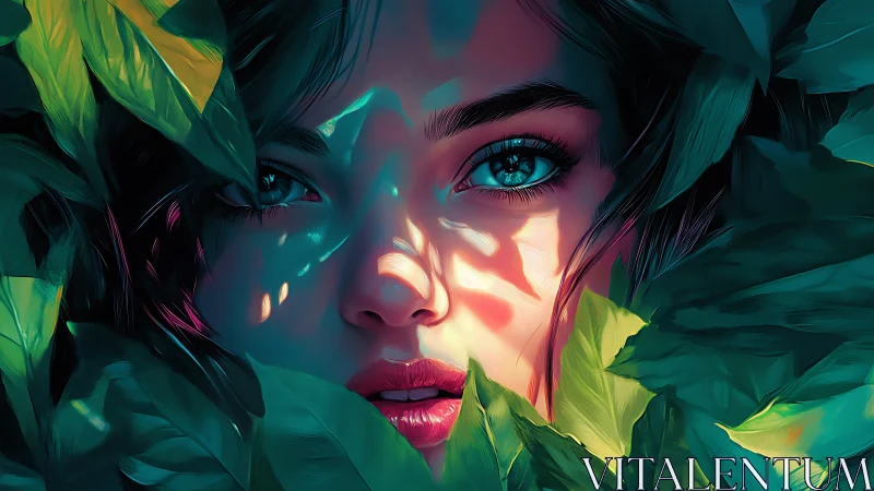 Luminous forest muse emerging through jewel-toned leaves.