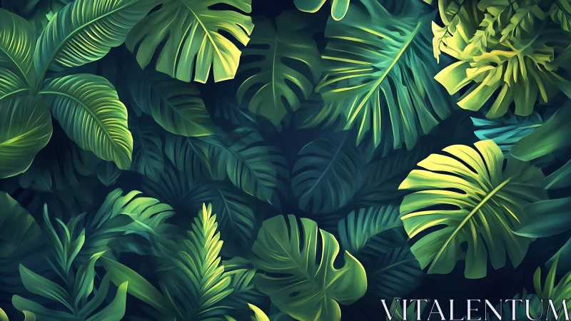 Digital illustration depicts layered tropical foliage forms
