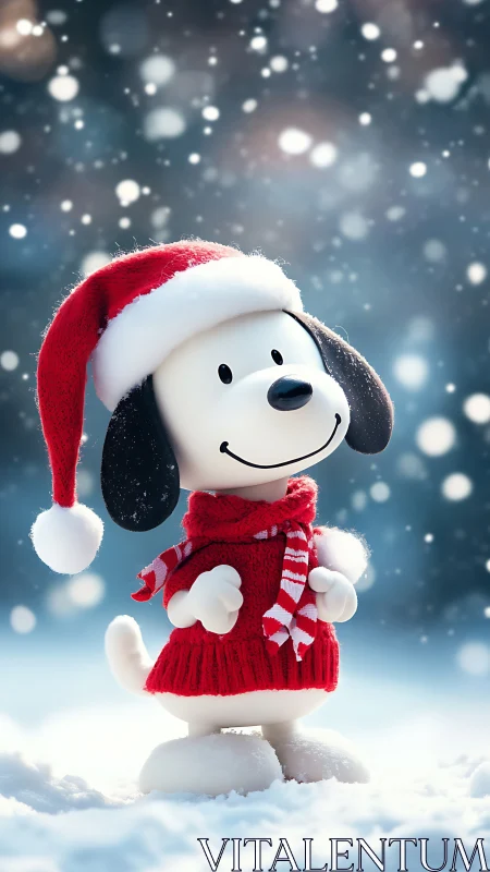 Cartoon dog in red sweater and Santa hat in snow.