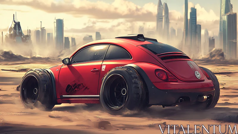 Red modified Volkswagen Beetle in sandy futuristic cityscape.