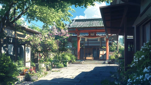 Courtyard of traditional Japanese building in daylight.