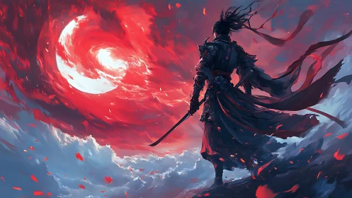 Armored swordsman facing swirling red celestial vortex.
