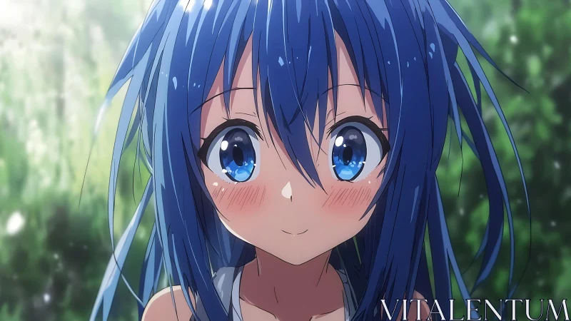 Blue haired anime girl portrait with soft outdoor light.