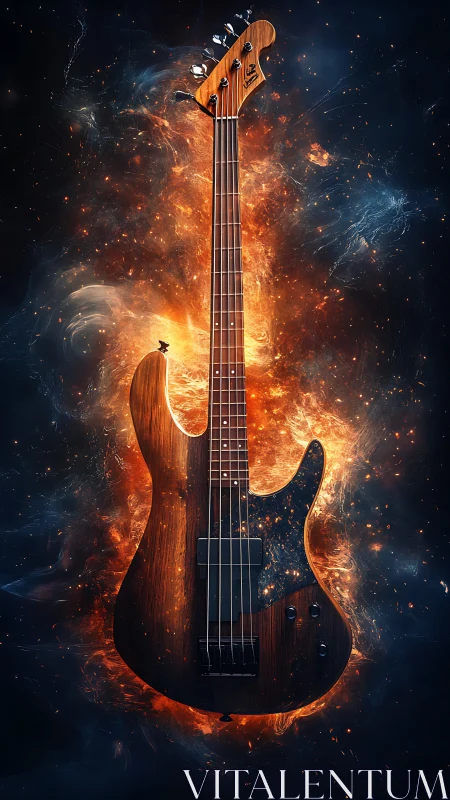 Electric bass guitar ignites in cosmic firestorm of sound.