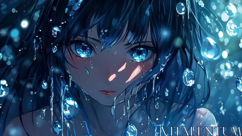 Wet blue haired girl portrait with suspended water droplets.