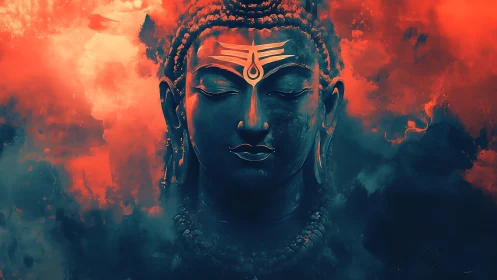 Ember-clouded Buddha visage adrift in meditative twilight.