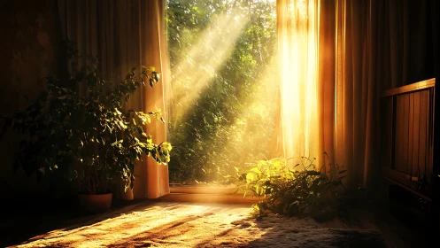 Sunlit indoor greenery with golden curtains and soft haze.
