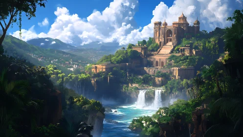 Ancient stone palace rises above jungle cliffs and waterfalls