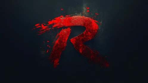 Textured red R glyph with distressed brushstroke splatter on black