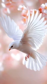 White dove in mid-flight against soft pink blossoms background.