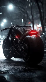 Custom black motorcycle in wet night city street scene.