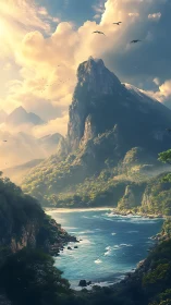 Sunlit alpine seascape renders towering peak above inlet