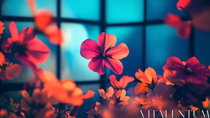Vivid magenta flower hovers before glowing blue window