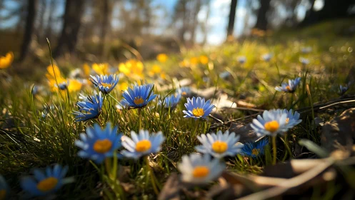 Wildflower Awakening: Blues and Yellows Dance in Spring's Sunlit Meadow.