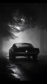 Vintage fastback car on wet forest road in dense fog.