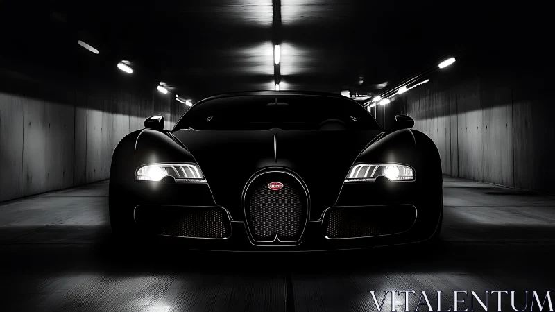 Midnight tunnel cruise with a gleaming black supercar.