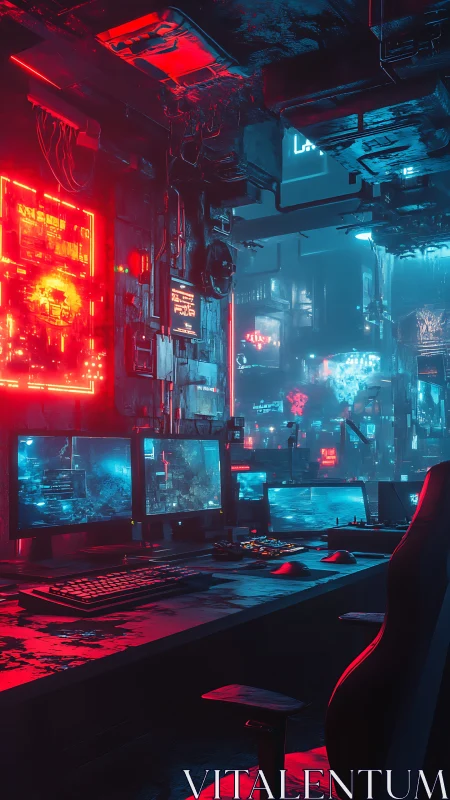 Cyberpunk hacker workstation glows in neon city haze.