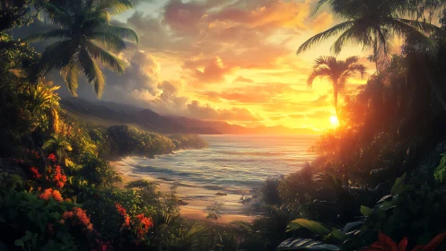 High-saturation tropical coastline rendered in luminous sunset light