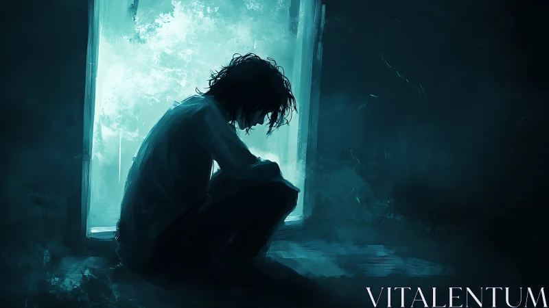 Quiet window reflection with a lone figure in soft blue light.