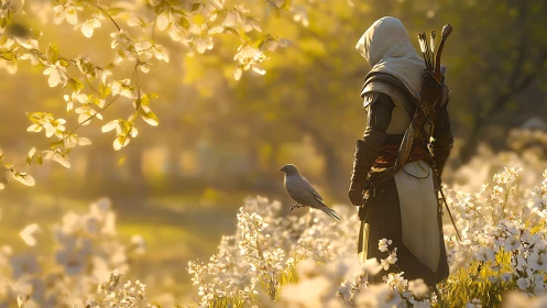 Hooded archer stands in sunlit blossom field with perched bird