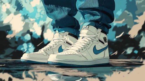 Crisp blue-trimmed sneakers quietly rehearse a street legend