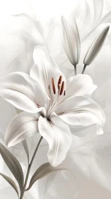 White Lily Bloom with Reddish-Brown Stamen Structure and Elongated Buds
