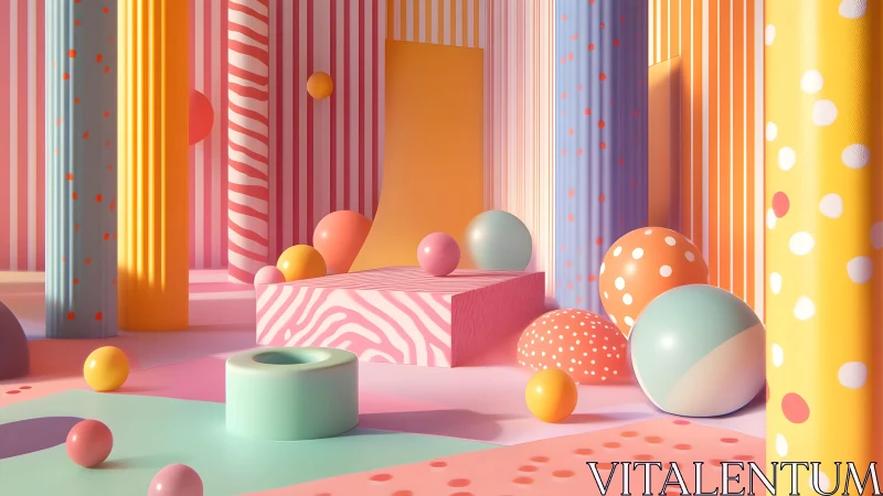 Geometric pastel columns and spheres in striped interior.