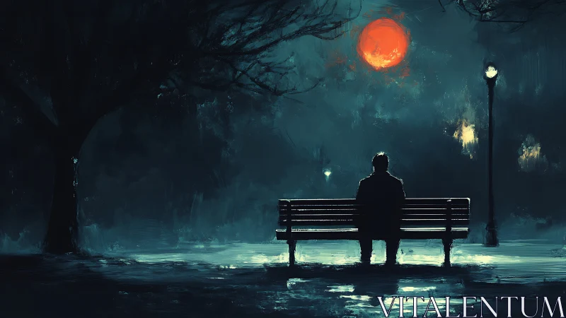 Solitary figure on park bench under eerie red moon.