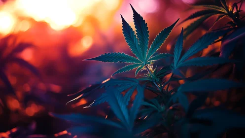 Photorealistic cannabis foliage under neon dusk backlight.
