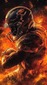 American football runner emerges through incandescent flames